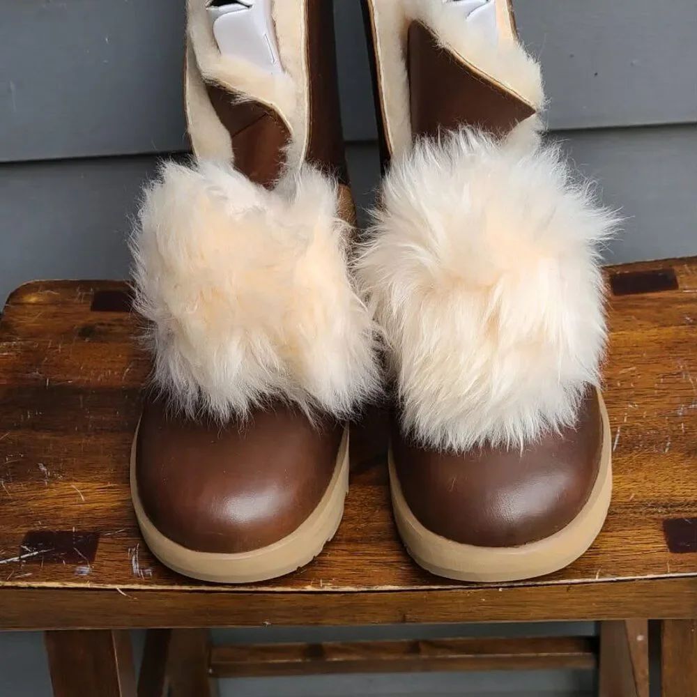 UGG Isley Brown Leather Chestnut Suede Waterproof Boots with Pom Pom size 9 1/2 - Picture 13 of 14